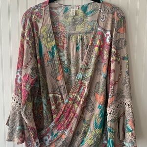 Spense Surplice Blouse in Taupe and Multi